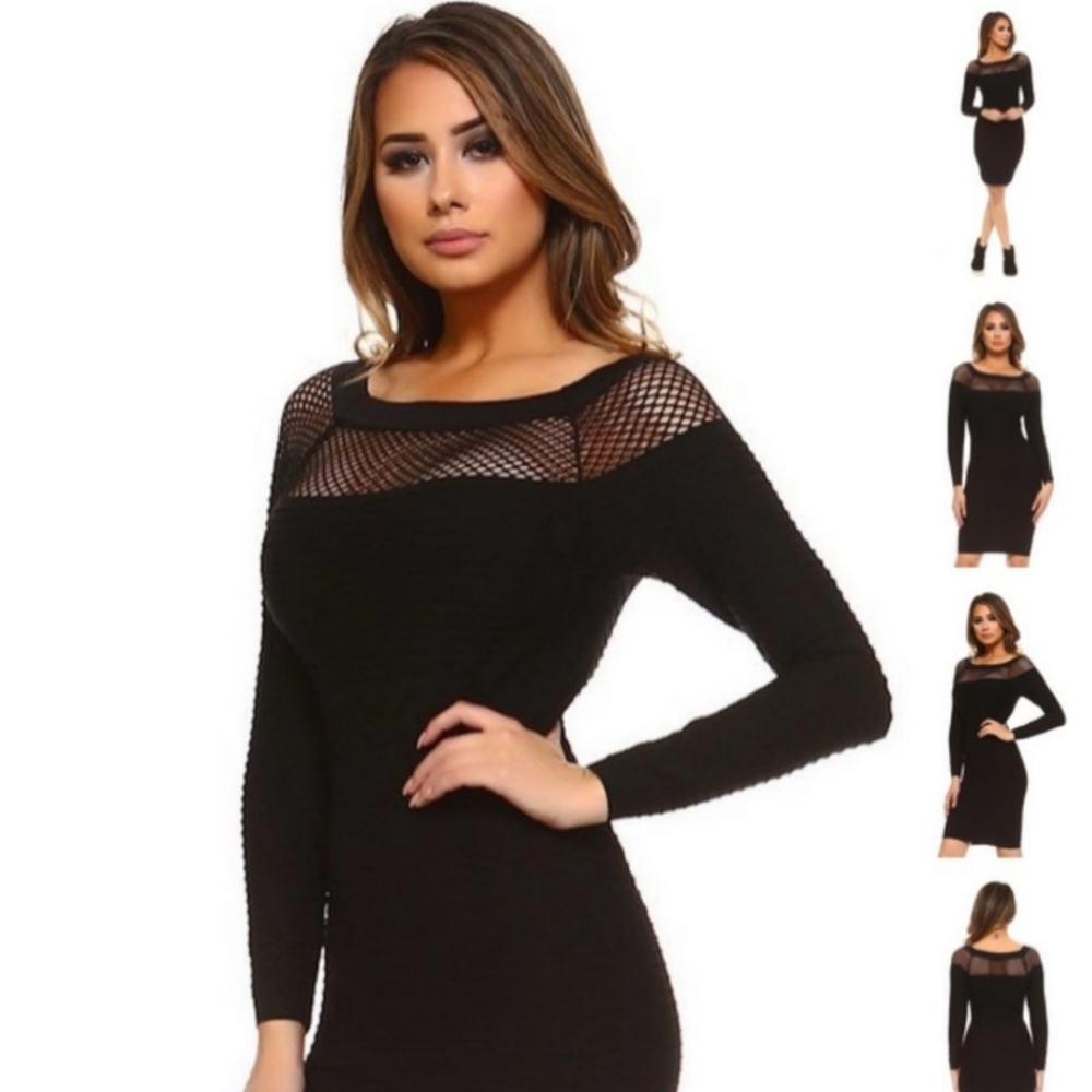 Bodycon Bandage Fishnet Midi Skirt Black Dress